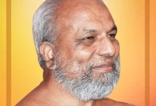 Portrait of a smiling older man with a gray beard, bare shoulders, against a warm orange gradient framed border.