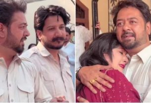 Collage: on the left, two men in light shirts talk softly; on the right, a man in a white shirt hugs a woman in red, she rests her head on his chest in an emotional moment.