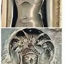 Two ancient stone statues: a standing Buddha at the top and a multi-faced deity relief beneath it.