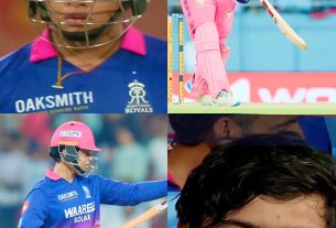 Cricket collage: pink-jersey players with helmet, bat, and stumps, action shots on a split-screen background.