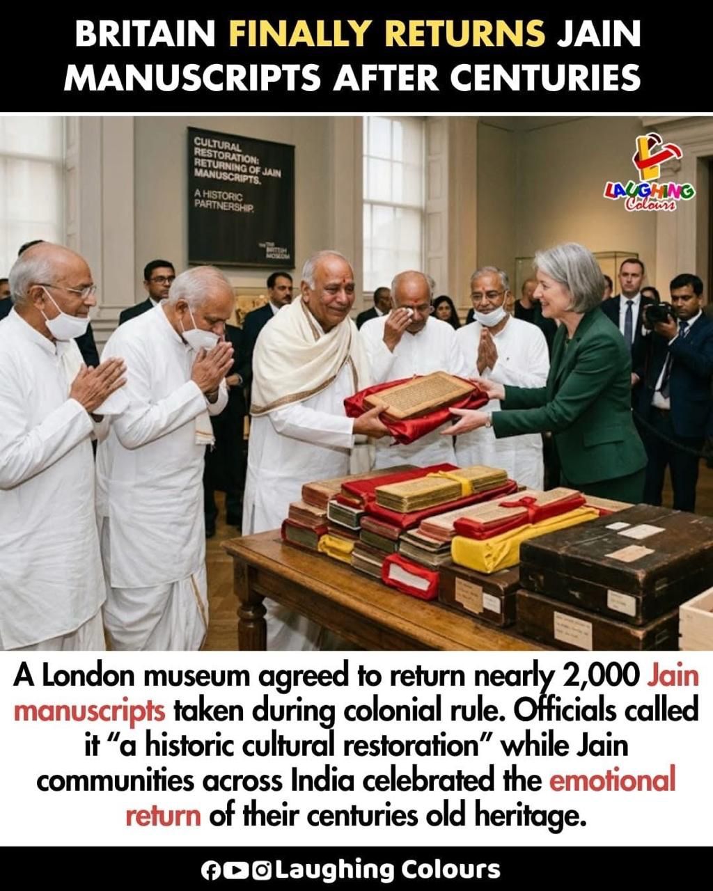News thumbnail: UK museum returns Jain manuscripts; officials present sacred folios to a woman as attendees watch in a gallery.