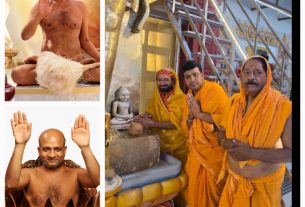 Collage of Hindu monks: top-left shirtless elderly man meditating, bottom-left bald man with hands raised, right-side group of saffron-clad monks praying at a temple shrine with statues and scaffolding in the background