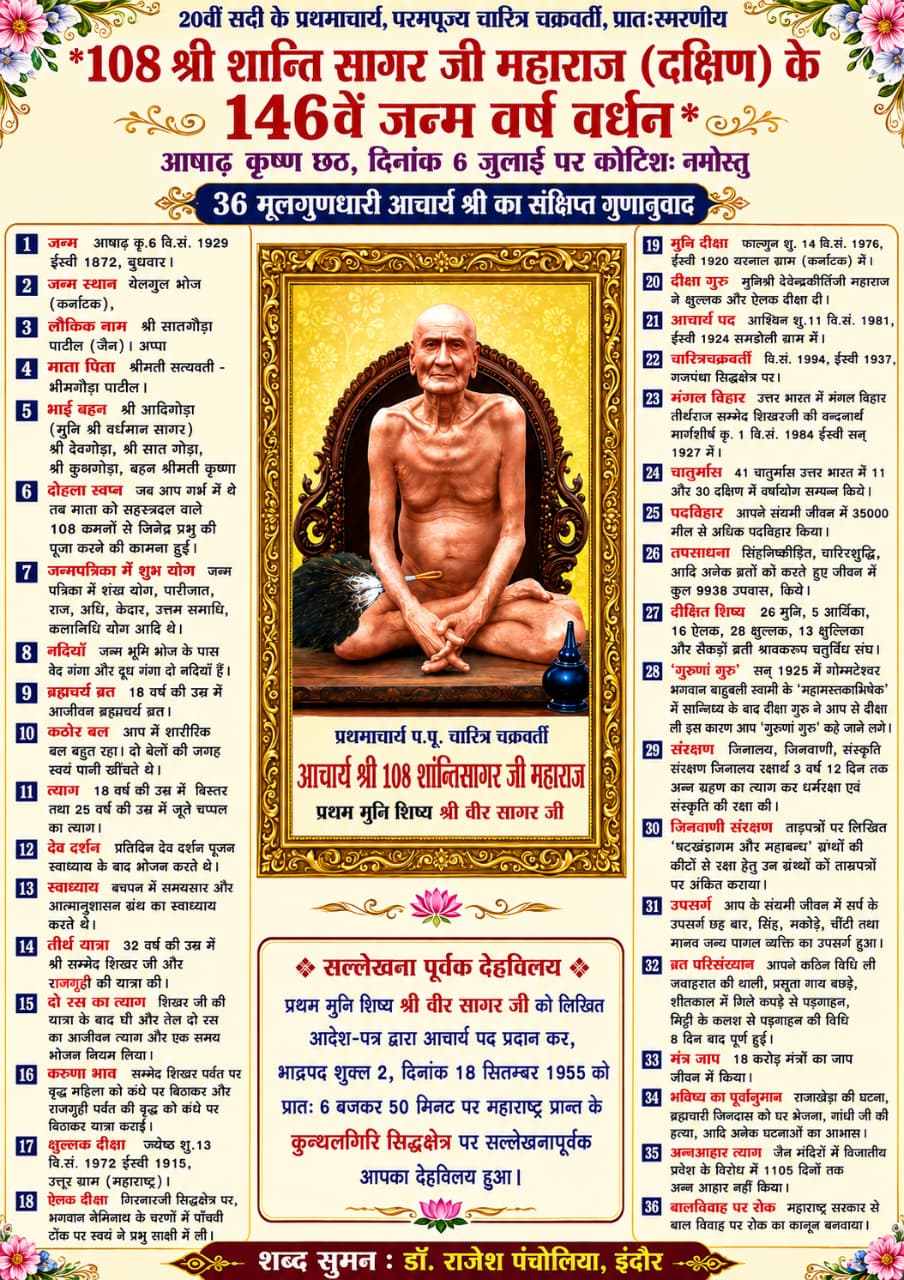 20वीं सदी के प्रथमाचार्य, परमपूज्य चारित्र चक्रवर्ती, प्रातः स्मरणीय 108 श्री शान्ति सागर जी महाराज (दक्षिण) के 146 वें जन्म वर्ष वर्धन आषाढ़ कृष्ण छठ, दिनांक 6 जुलाई पर कोटिशः नमोस्तु36 मूलगुणधारी आचार्य श्री का संक्षिप्त गुणानुवाद