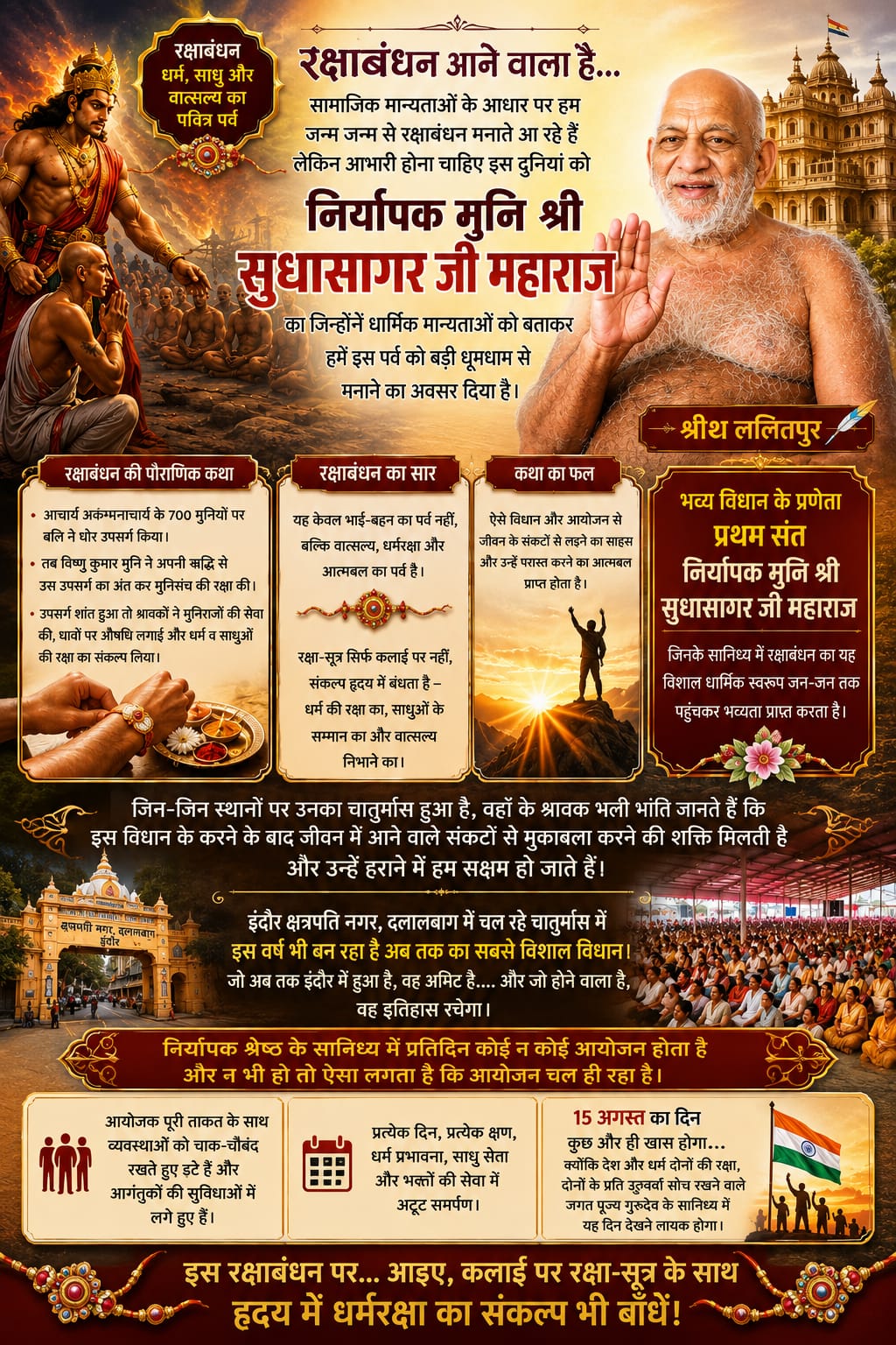 इंदौर में मुनिश्री सुधासागर महाराज के सानिध्य में होगा भव्य रक्षाबंधन विधान, 700 मुनियों की रक्षा की जैन परंपरा को मिलेगा विराट स्वरूप
